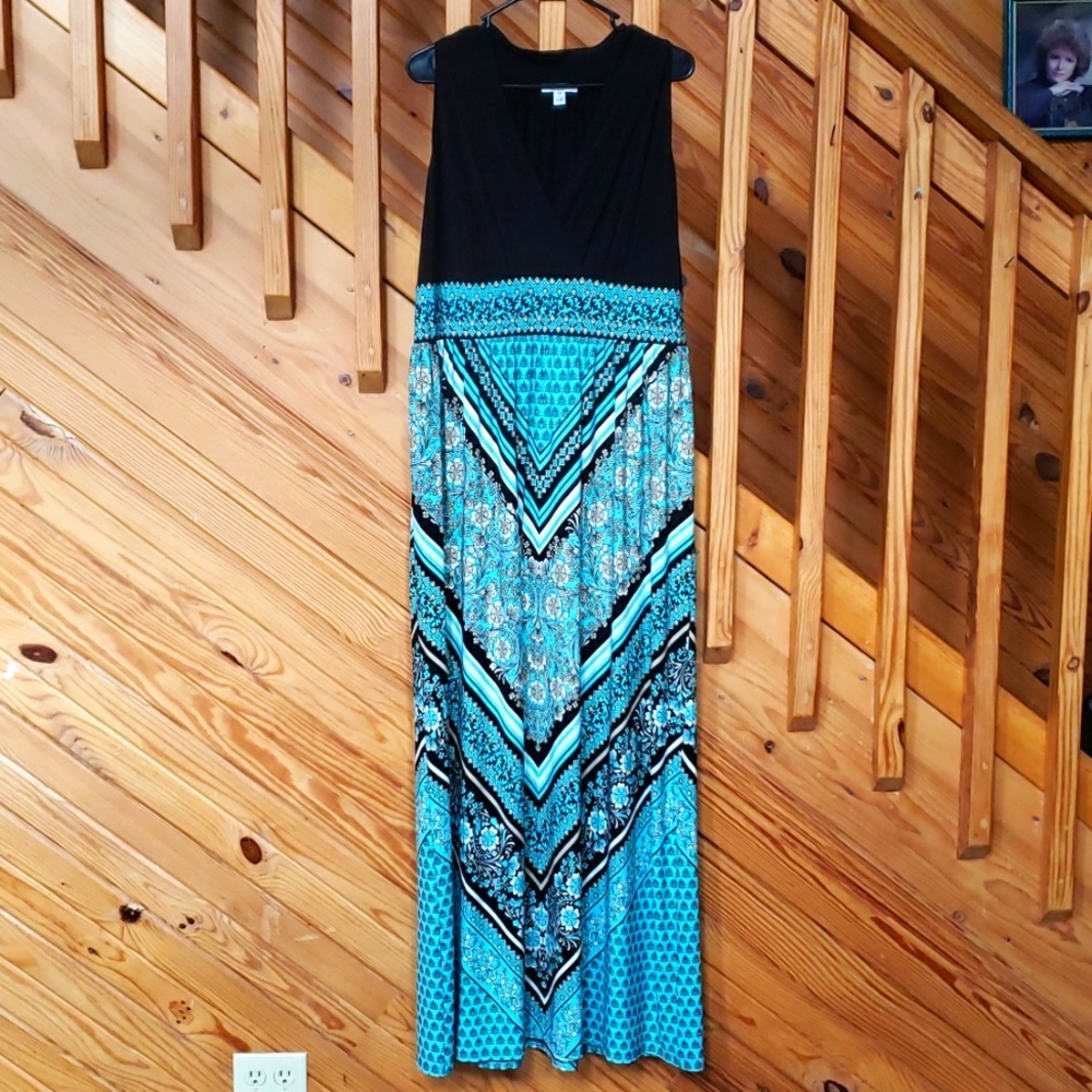 London Style Halter Maxi Dress Black top Teal Tan Floral Paisley Stripe 16W